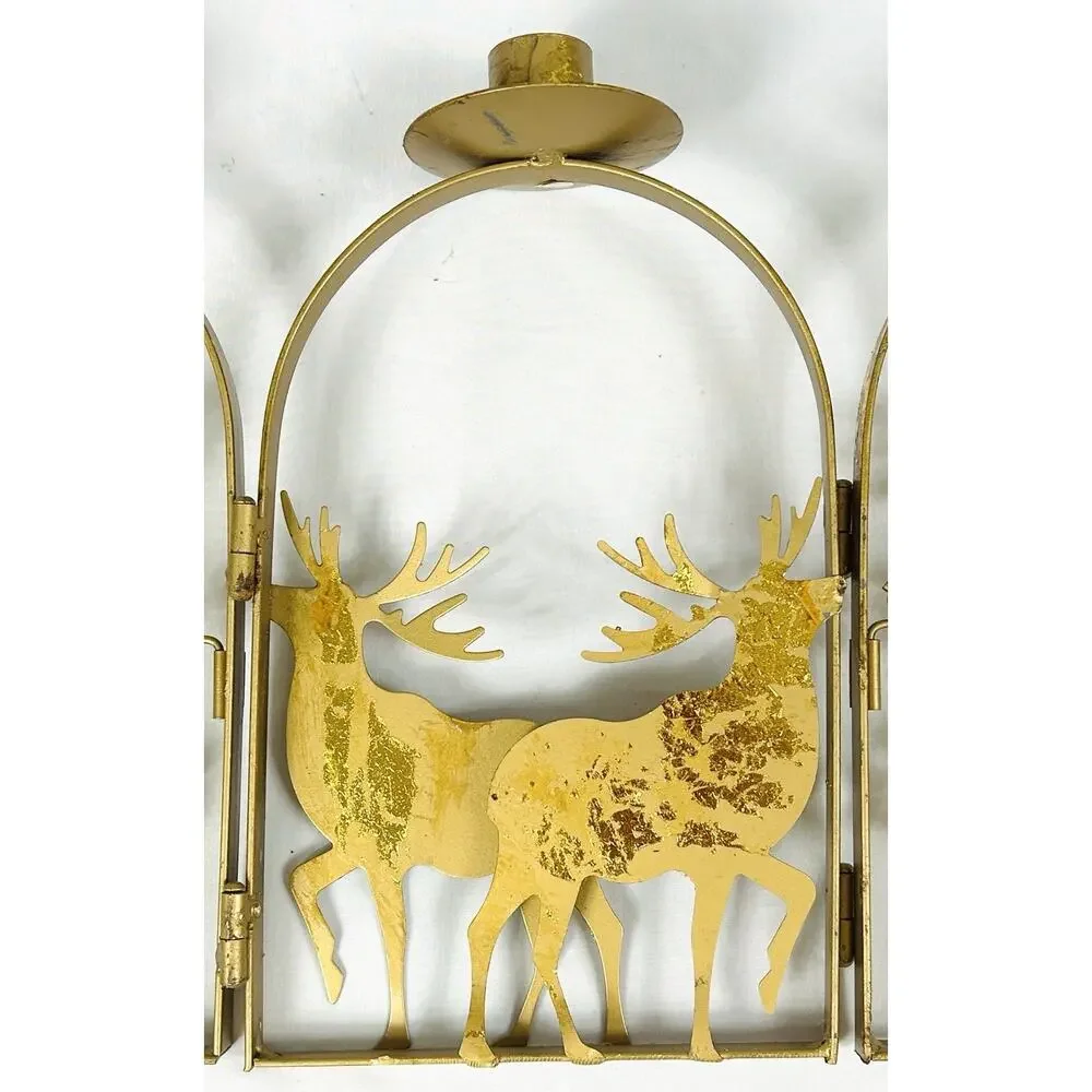 Gold Metal 3 Taper Candle Holder Reindeer Deer Snowflake Winter Holiday Decor